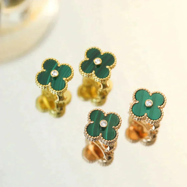 ˇTrend JewelryˇCLOVER MEDIUM 1 MOTIFS MALACHITE DIAMOND EARRINGS