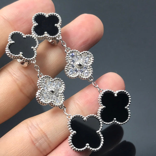 ˇTrend JewelryˇCLOVER 3 MOTIF DIAMOND ONYX SILVER EARRINGS