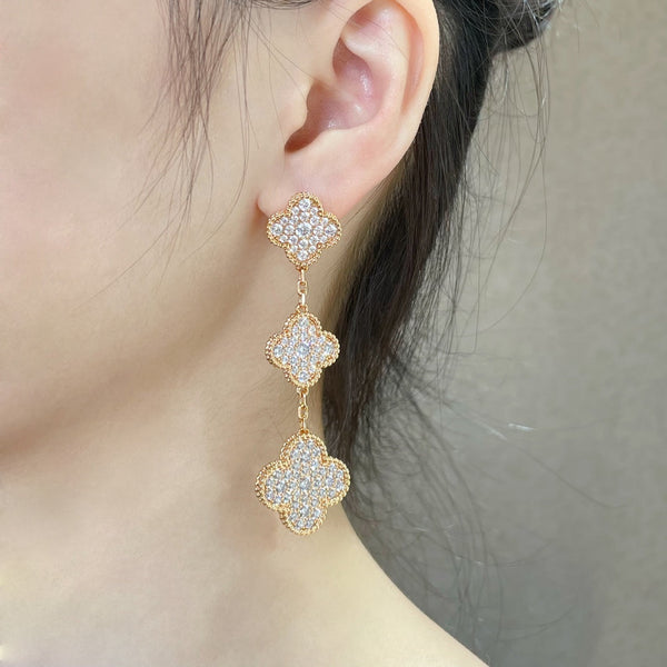 ˇTrend JewelryˇCLOVER 3 MOTIFS DIAMOND PAVED ROSE GOLD EARRINGS