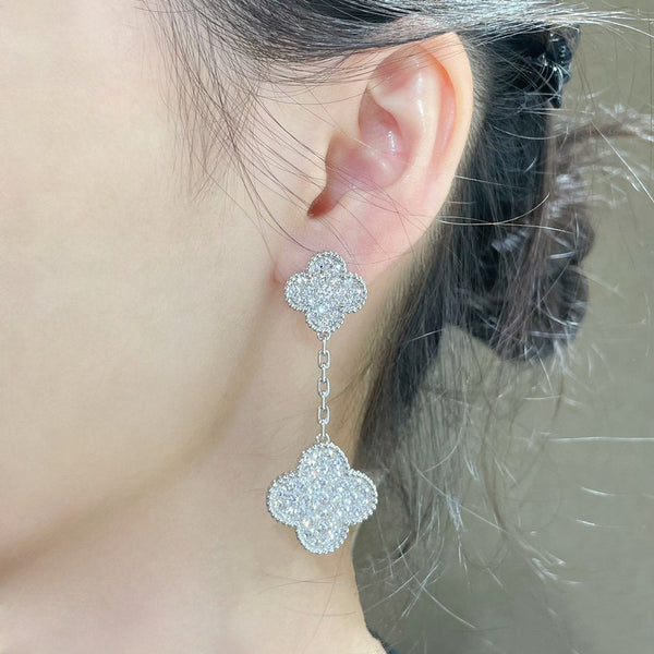 ˇTrend JewelryˇCLOVER 2 MOTIFS DIAMOND PAVED SILVER EARRINGS