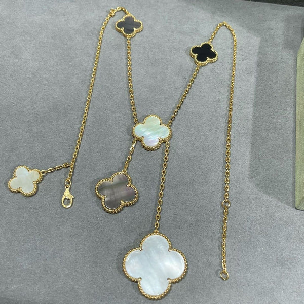 ˇTrend JewelryˇCLOVER 6 MOTIF MOP ONYX GOLD NECKLACE