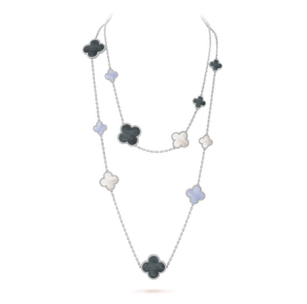 ˇTrend JewelryˇCLOVER 16 MOTIF CHALCEDONY MOP SILVER NECKLACE