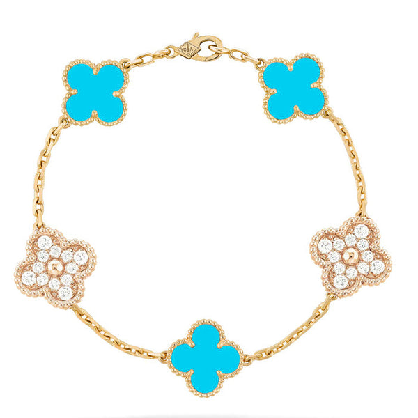 ˇTrend JewelryˇCLOVER 5 MOTIF TURQUOISE DIAMOND BRACELET
