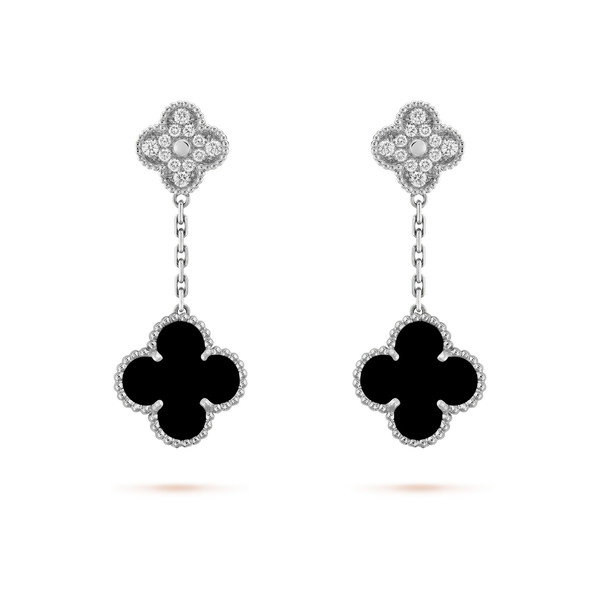 ˇTrend JewelryˇCLOVER 2 MOTIFS  DIAMOND ONYX EARRINGS SILVER