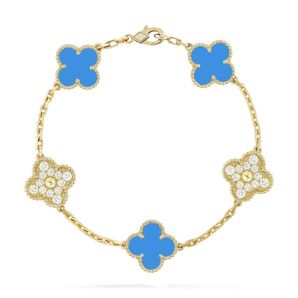 ˇTrend JewelryˇCLOVER 5 MOTIF BLUE CHALCEDONY DIAMOND BRACELET