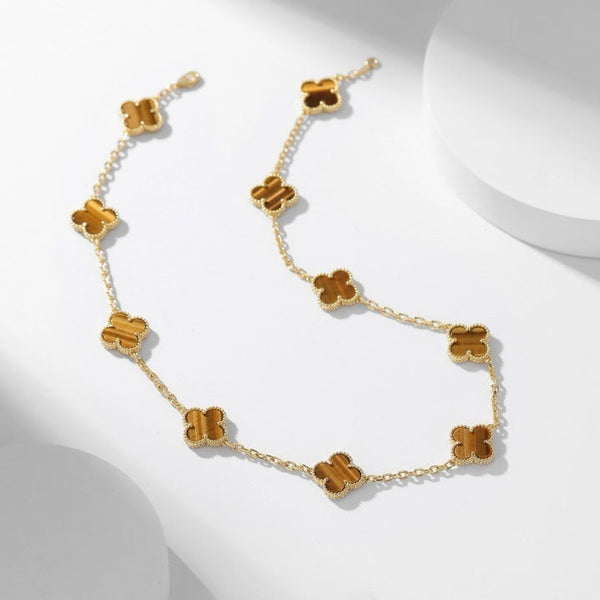ˇTrend JewelryˇCLOVER 10 MOTIFS TIGER EYE NECKLACE