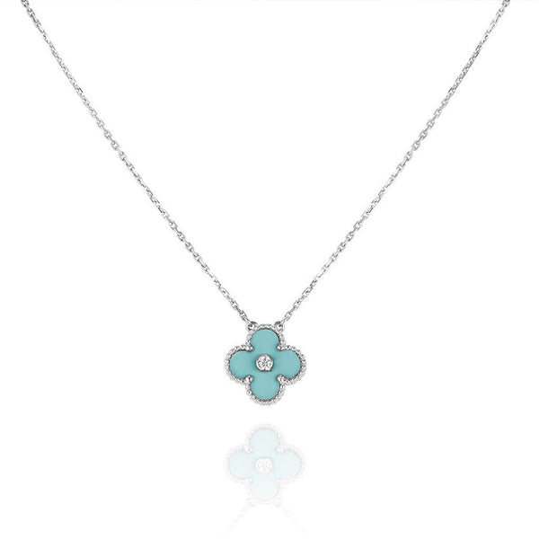 ˇTrend JewelryˇCLOVER 1 DIAMOND LIGHT BLUE SILVER NECKLACE
