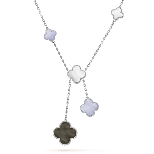ˇTrend JewelryˇCLOVER MOP CHALCEDONY NECKLACE SILVER 6 MOTIF