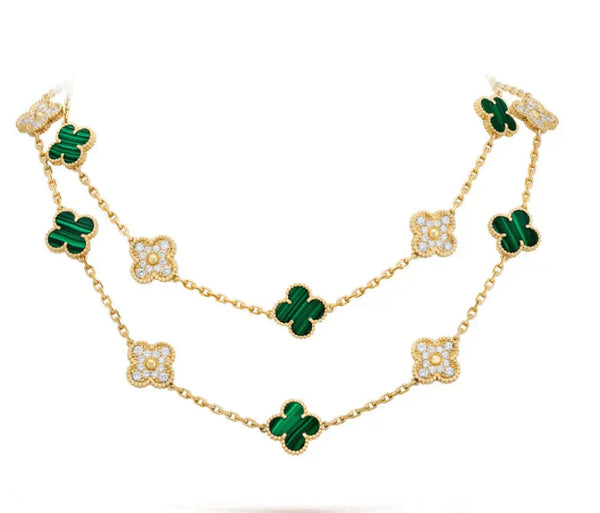 ˇTrend JewelryˇCLOVER 20 MOTIFS MALACHITE DIAMOND NECKLACE