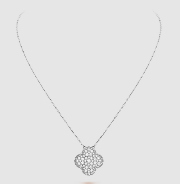ˇTrend JewelryˇCLOVER 25MM LARGE PENDANT DIAMOND PAVED SILVER NECKLACE