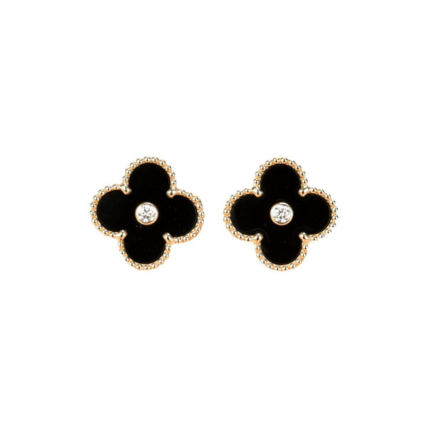 ˇTrend JewelryˇCLOVER MEDIUM 1 MOTIFS ONYX DIAMOND EARRINGS