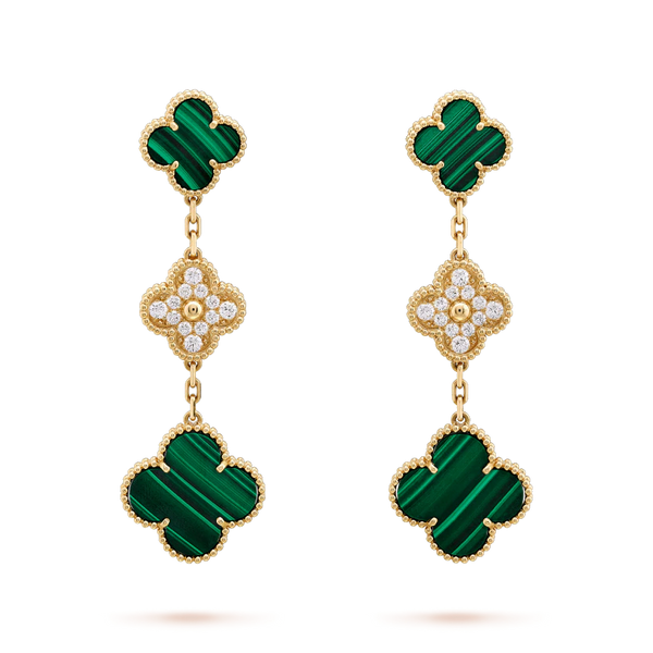 ˇTrend JewelryˇCLOVER EARRINGS GOLD MALACHITE DIAMOND 3 MOTIF