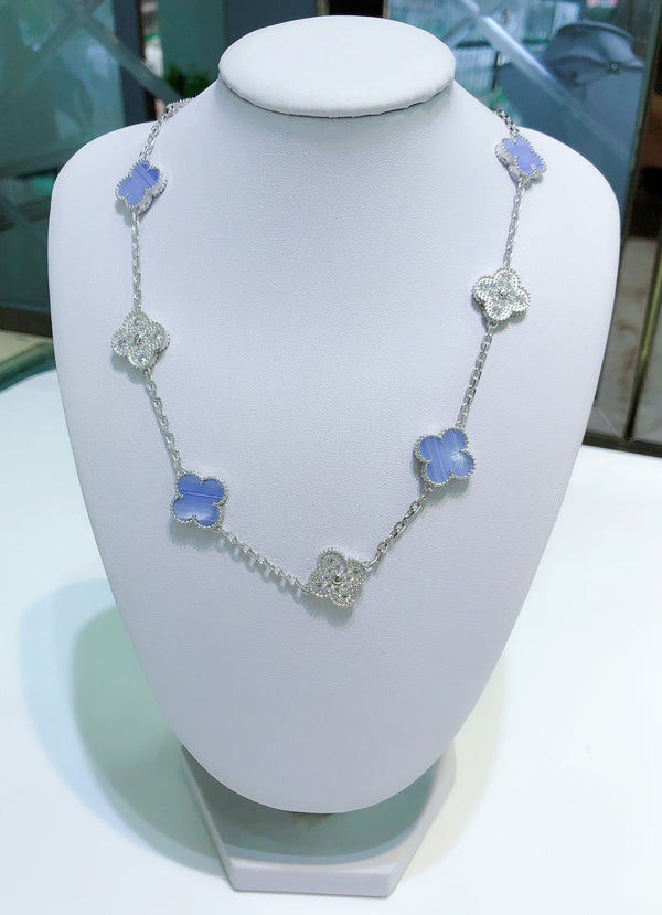 ˇTrend JewelryˇCLOVER 10 MOTIFS CHALCEDONY DIAMONDS SILVER NECKLACE