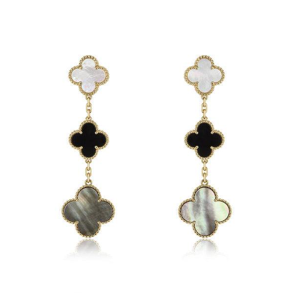 ˇTrend JewelryˇCLOVER EARRINGS GOLD ONYX MOP 3 MOTIF